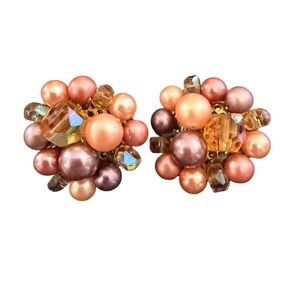 VTG Clip-On Earrings Aurora Borealis Cluster Stamped JAPAN‎ 1950s Mid Century
